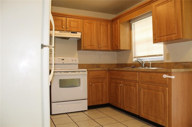 5177 Edwina St, Orlando, FL 32811 - kitchen featuring under cabinet range hood, a sink, brown cabinetry, and white appliances