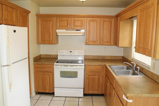 5177 Edwina St, Orlando, FL 32811 - kitchen with white appliances, under cabinet range hood, a sink, brown cabinetry, and light tile patterned floors