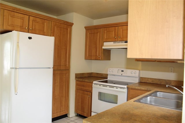5177 Edwina St, Orlando, FL 32811 - kitchen with white appliances, light tile patterned floors, under cabinet range hood, a sink, and brown cabinets