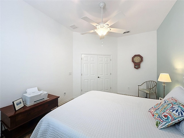 bedroom featuring visible vents, a closet, and ceiling fan