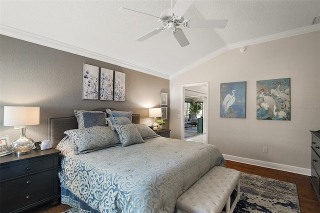 bedroom featuring crown molding, a textured ceiling, lofted ceiling, baseboards, and dark wood-type flooring