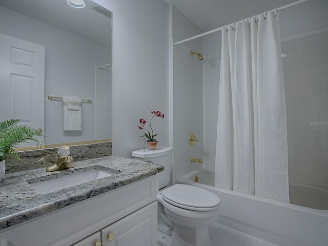 full bathroom featuring toilet, shower / bath combination with curtain, tile patterned flooring, and vanity