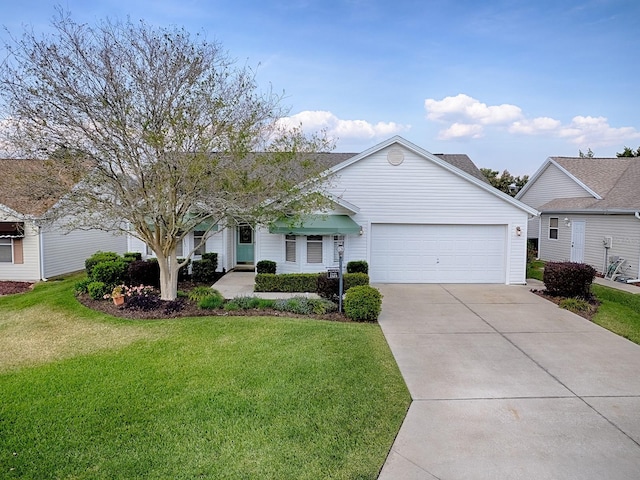 ranch-style house with a front yard, driveway, and a garage