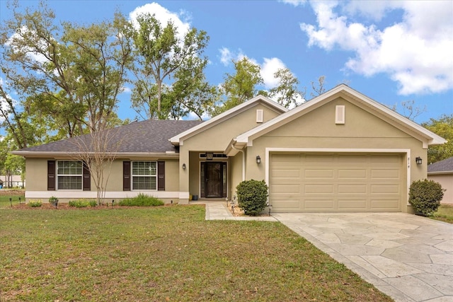 single story home with concrete driveway, stucco siding, an attached garage, and a front lawn