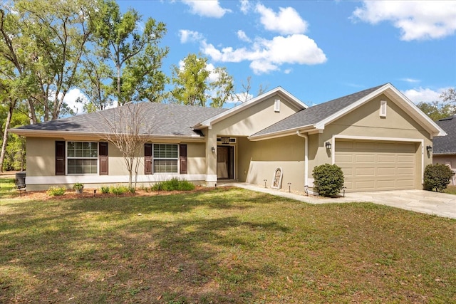 ranch-style home with a front lawn, driveway, stucco siding, and a garage