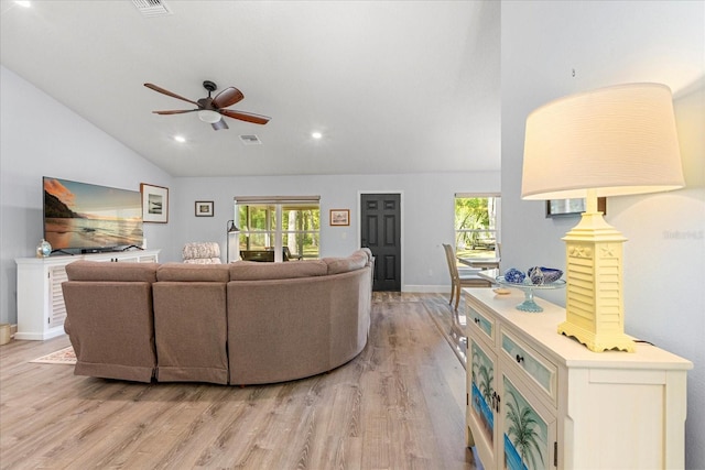 living area featuring visible vents, baseboards, ceiling fan, recessed lighting, and light wood-style floors