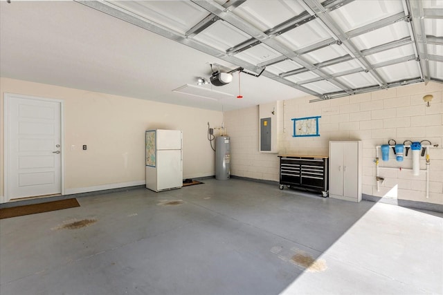 garage with freestanding refrigerator, water heater, concrete block wall, and electric panel