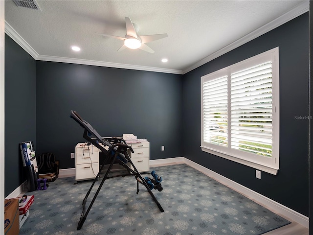workout room featuring visible vents, ornamental molding, ceiling fan, and carpet flooring