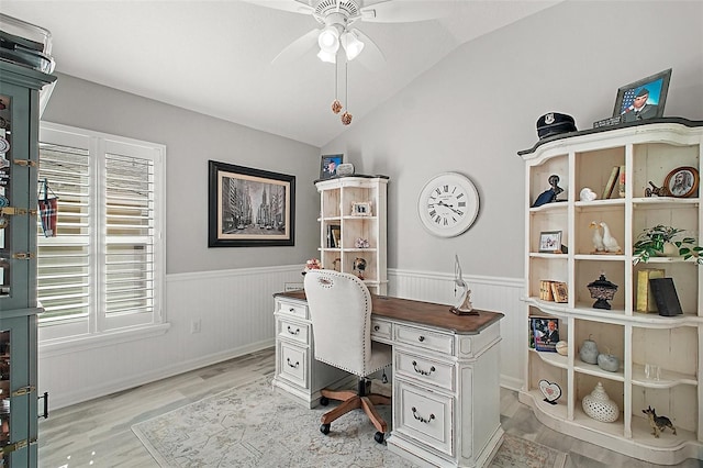 3354 Truluck Pl, Oxford, FL 34484 - office with a wainscoted wall, vaulted ceiling, light wood-style flooring, and a ceiling fan