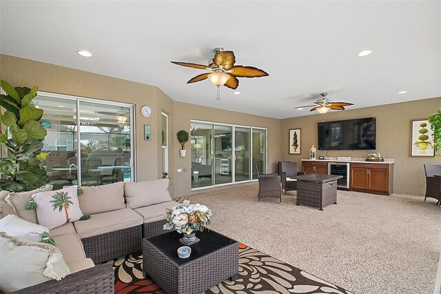 3354 Truluck Pl, Oxford, FL 34484 - living area featuring light colored carpet, beverage cooler, recessed lighting, and a ceiling fan
