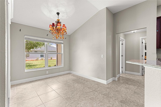10460 Silver Maple Ave, Oxford, FL 34484 - unfurnished dining area with lofted ceiling, a chandelier, light tile patterned floors, baseboards, and a textured wall
