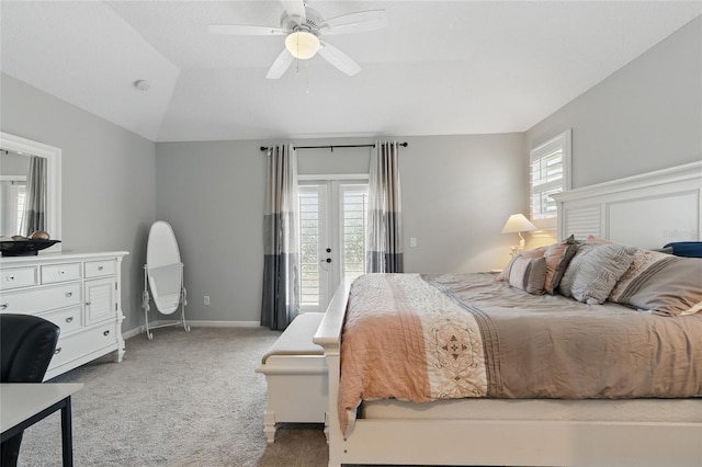 411 S 5th Ave S, Jacksonville Beach, FL 32250 - bedroom with vaulted ceiling, light colored carpet, baseboards, access to outside, and ceiling fan