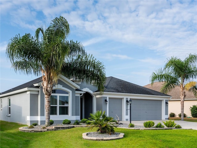 ranch-style home featuring an attached garage, driveway, stucco siding, and a front yard