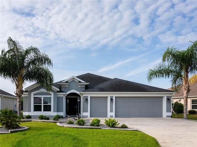 ranch-style home featuring a garage, stucco siding, driveway, and a front yard