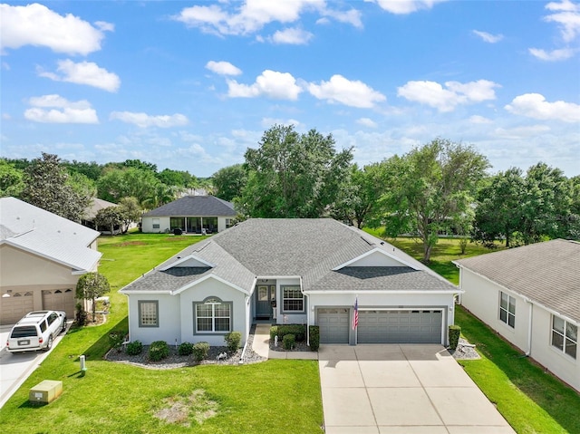 3800 Woodleaf Ct, Leesburg, FL 34748 - view of front of house with roof with shingles, a garage, concrete driveway, and a front lawn