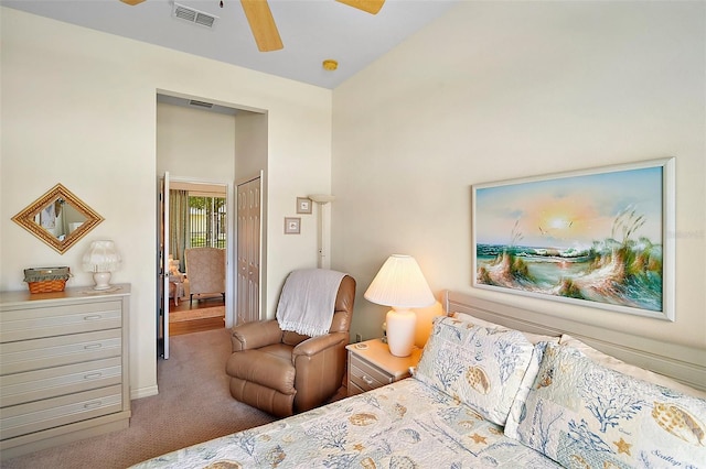 3800 Woodleaf Ct, Leesburg, FL 34748 - carpeted bedroom featuring high vaulted ceiling, a ceiling fan, and a closet