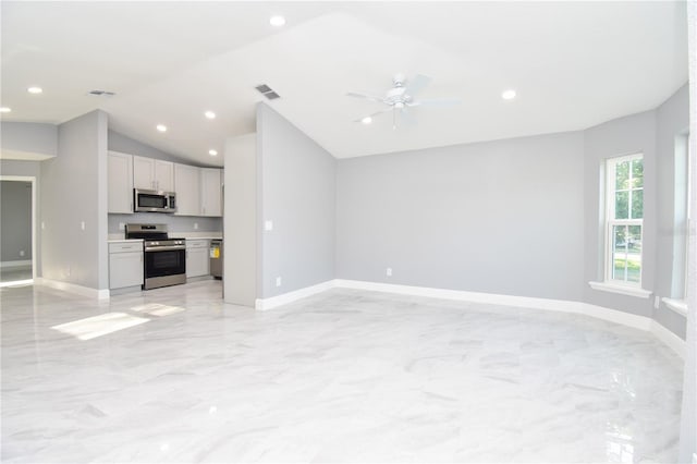 unfurnished living room with ceiling fan, baseboards, and visible vents