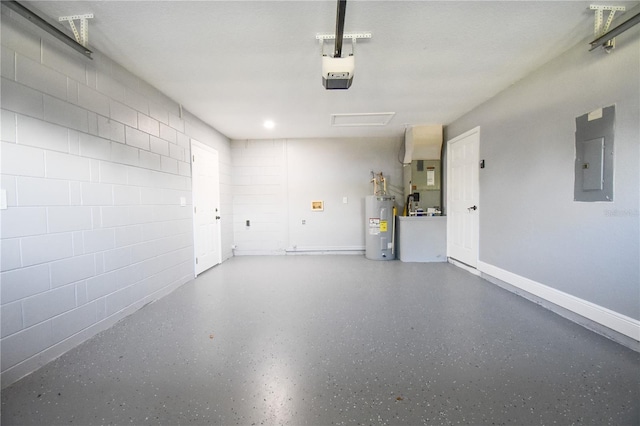 garage featuring electric panel, water heater, a garage door opener, and concrete block wall