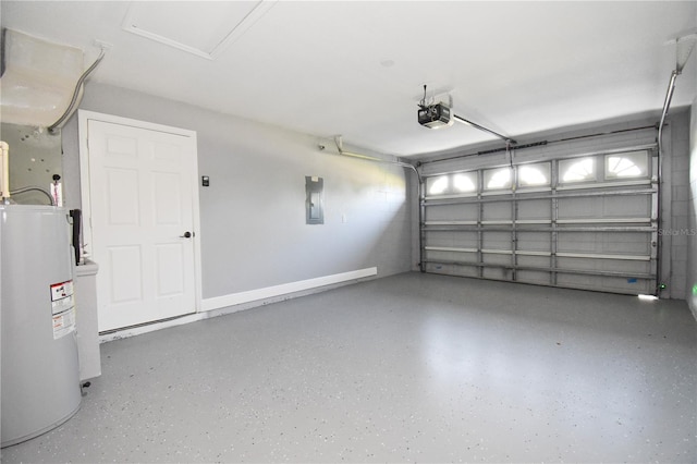 garage with electric panel, water heater, and a garage door opener