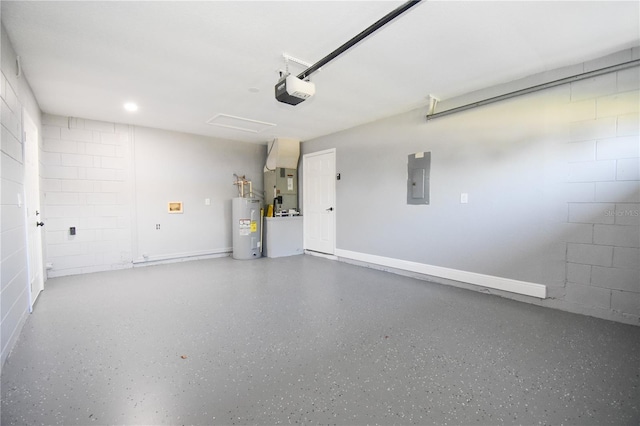 garage featuring water heater, electric panel, heating unit, a garage door opener, and concrete block wall