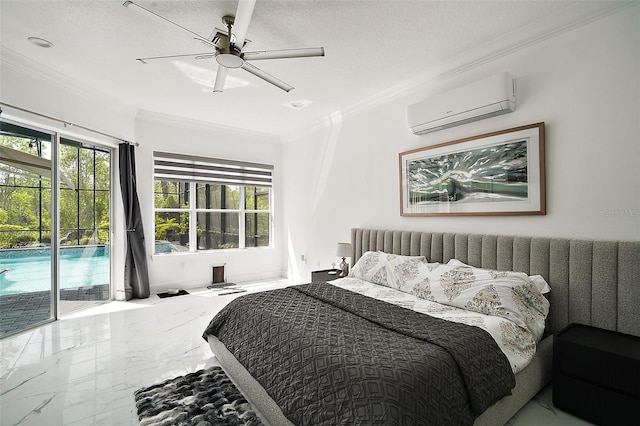bedroom with crown molding, marble finish floor, access to exterior, an AC wall unit, and a ceiling fan