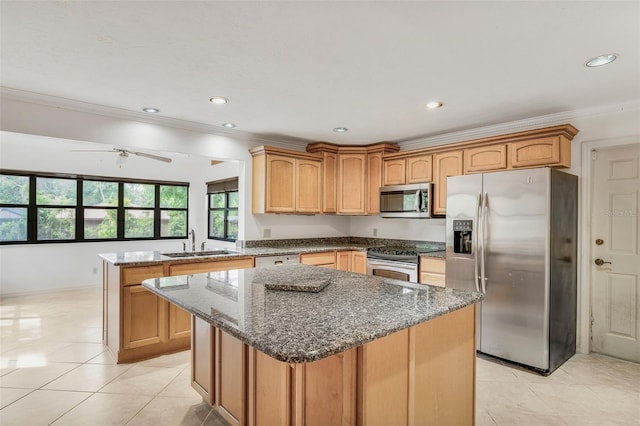 8640 E Henderson Trl, Inverness, FL 34450 - kitchen with dark stone counters, a sink, light tile patterned floors, stainless steel appliances, and a kitchen island