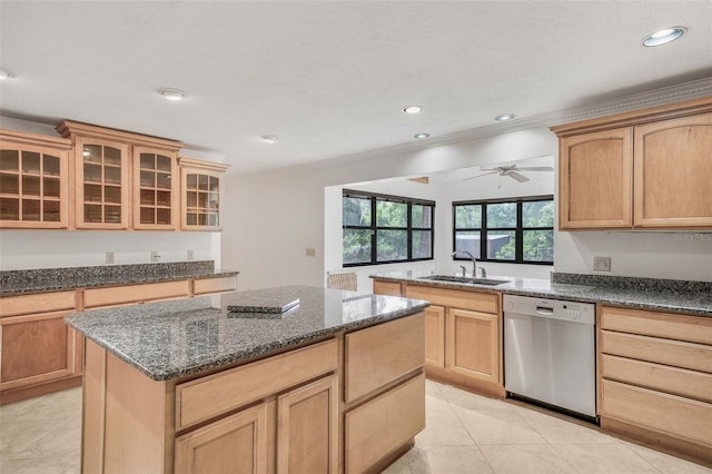 8640 E Henderson Trl, Inverness, FL 34450 - kitchen with stainless steel dishwasher, light tile patterned floors, a sink, a center island, and glass insert cabinets