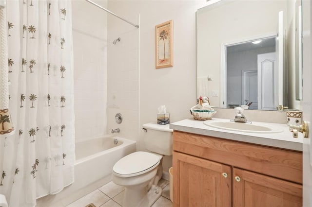 bathroom featuring toilet, vanity, shower / bath combination with curtain, and tile patterned flooring
