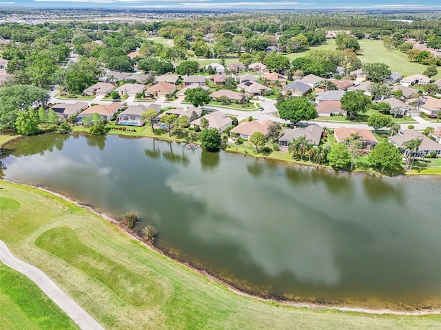 bird's eye view featuring a water view, a residential view, and golf course view