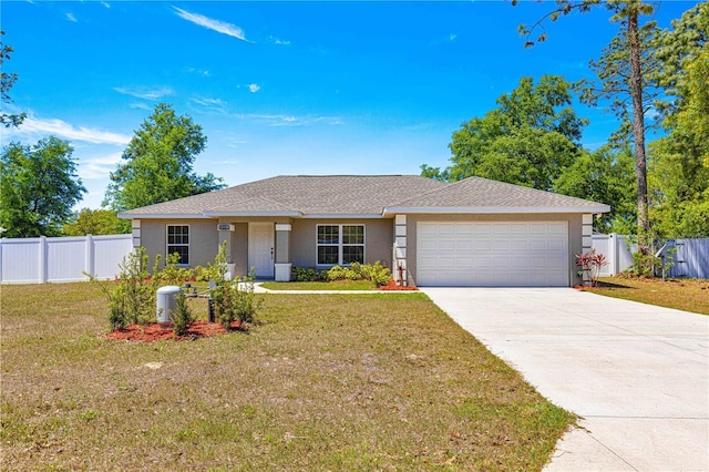 single story home with a front lawn, stucco siding, and an attached garage