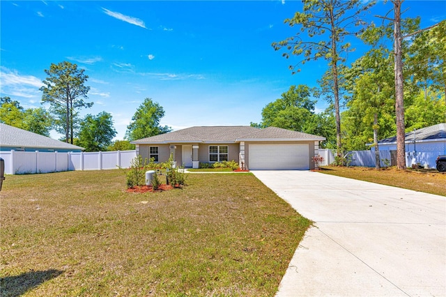 single story home featuring driveway, a garage, fence, and a front lawn