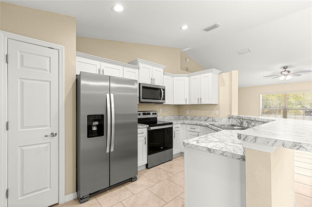 kitchen with white cabinetry, light countertops, a sink, a peninsula, and appliances with stainless steel finishes
