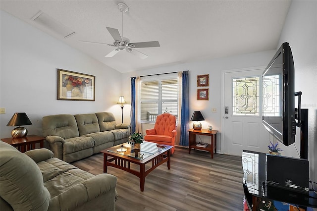 2290 Due W Dr, The Villages, FL 32162 - living room featuring wood finished floors, visible vents, a ceiling fan, and lofted ceiling