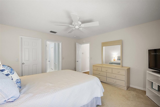 2290 Due W Dr, The Villages, FL 32162 - bedroom featuring visible vents, baseboards, a ceiling fan, and light colored carpet