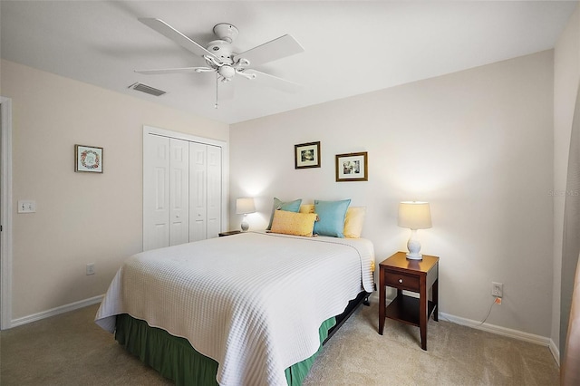 2290 Due W Dr, The Villages, FL 32162 - carpeted bedroom featuring a closet, baseboards, a ceiling fan, and visible vents