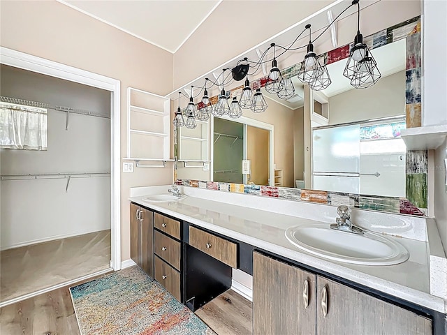 bathroom featuring an enclosed shower, a sink, wood finished floors, a walk in closet, and double vanity
