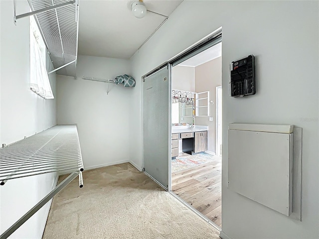 spacious closet with light colored carpet