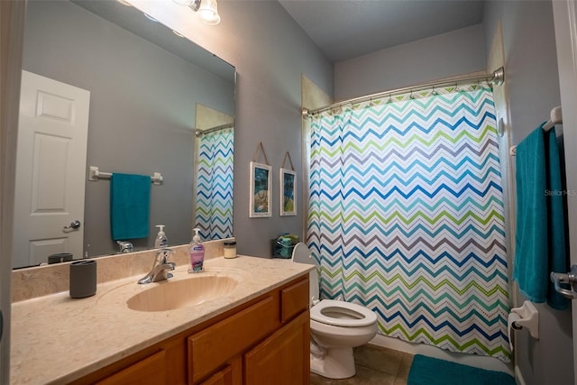 15141 Farm Rd, Groveland, FL 34736 - full bath with a shower with shower curtain, toilet, tile patterned flooring, and vanity