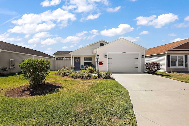single story home featuring concrete driveway, an attached garage, fence, and a front lawn