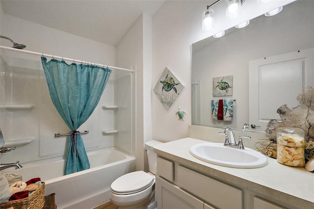 full bath featuring shower / bath combination with curtain, toilet, and vanity