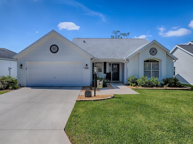 1010 Ventura Dr, The Villages, FL 32159 - single story home with an attached garage, roof with shingles, driveway, and a front lawn