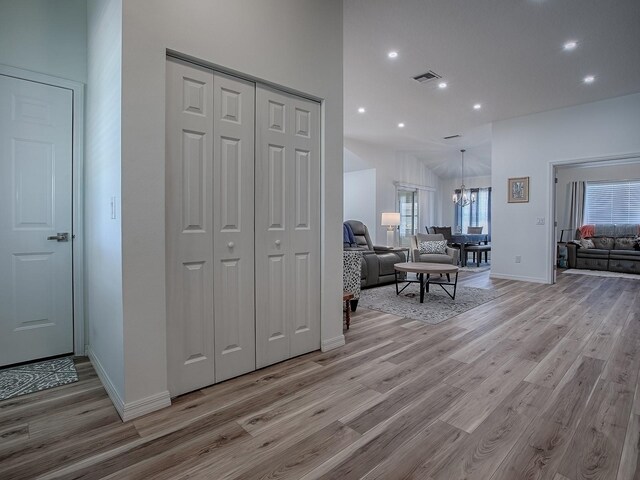 1010 Ventura Dr, The Villages, FL 32159 - living area with baseboards, a chandelier, recessed lighting, visible vents, and light wood finished floors