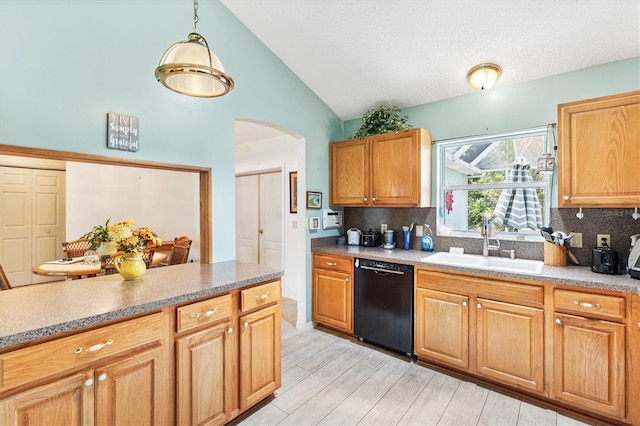 kitchen featuring dishwasher, a sink, arched walkways, decorative backsplash, and high vaulted ceiling