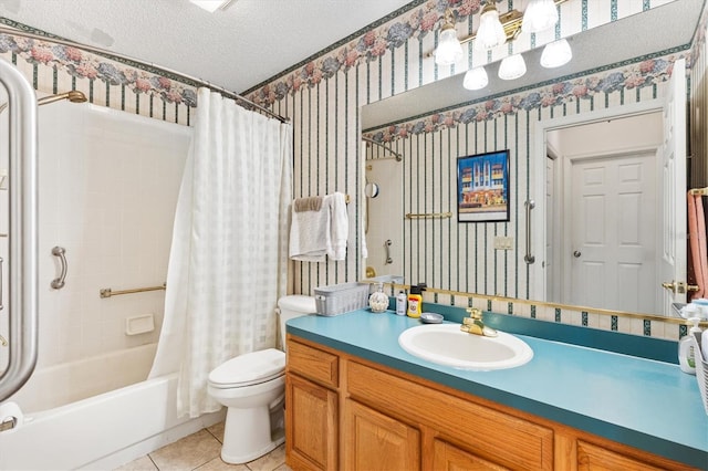 full bath featuring wallpapered walls, tile patterned flooring, vanity, toilet, and shower / tub combo