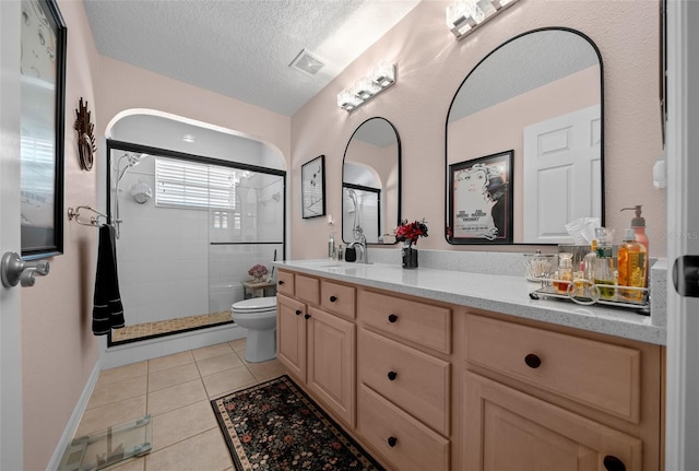 full bath featuring visible vents, toilet, vanity, tile patterned floors, and a stall shower