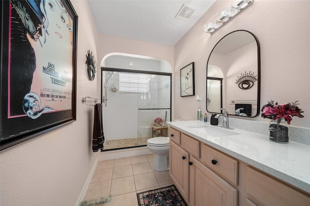 bathroom featuring visible vents, toilet, a shower stall, and tile patterned floors