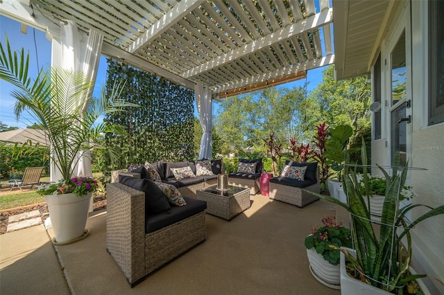 view of patio featuring outdoor lounge area and a pergola