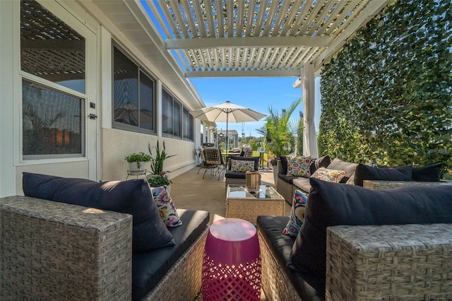 view of patio / terrace with an outdoor living space, a pergola, and outdoor dining area