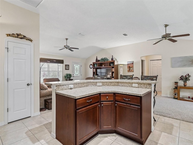1307 Galindo Pl, The Villages, FL 32159 - kitchen featuring arched walkways, open floor plan, a ceiling fan, vaulted ceiling, and light carpet