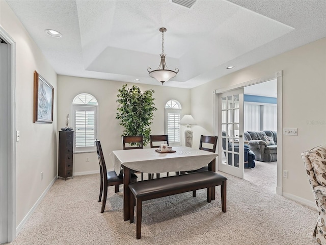 1307 Galindo Pl, The Villages, FL 32159 - dining area featuring baseboards, light colored carpet, a textured ceiling, and a raised ceiling